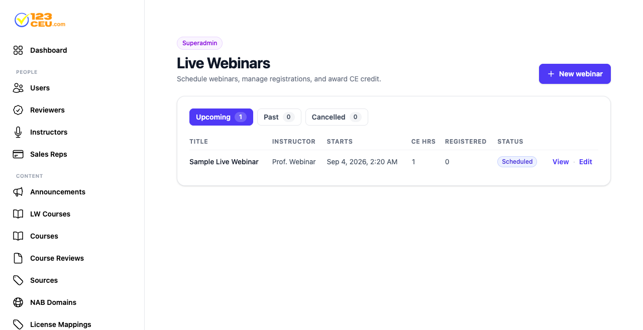 123CEU Portal superadmin view for scheduling and managing live webinars