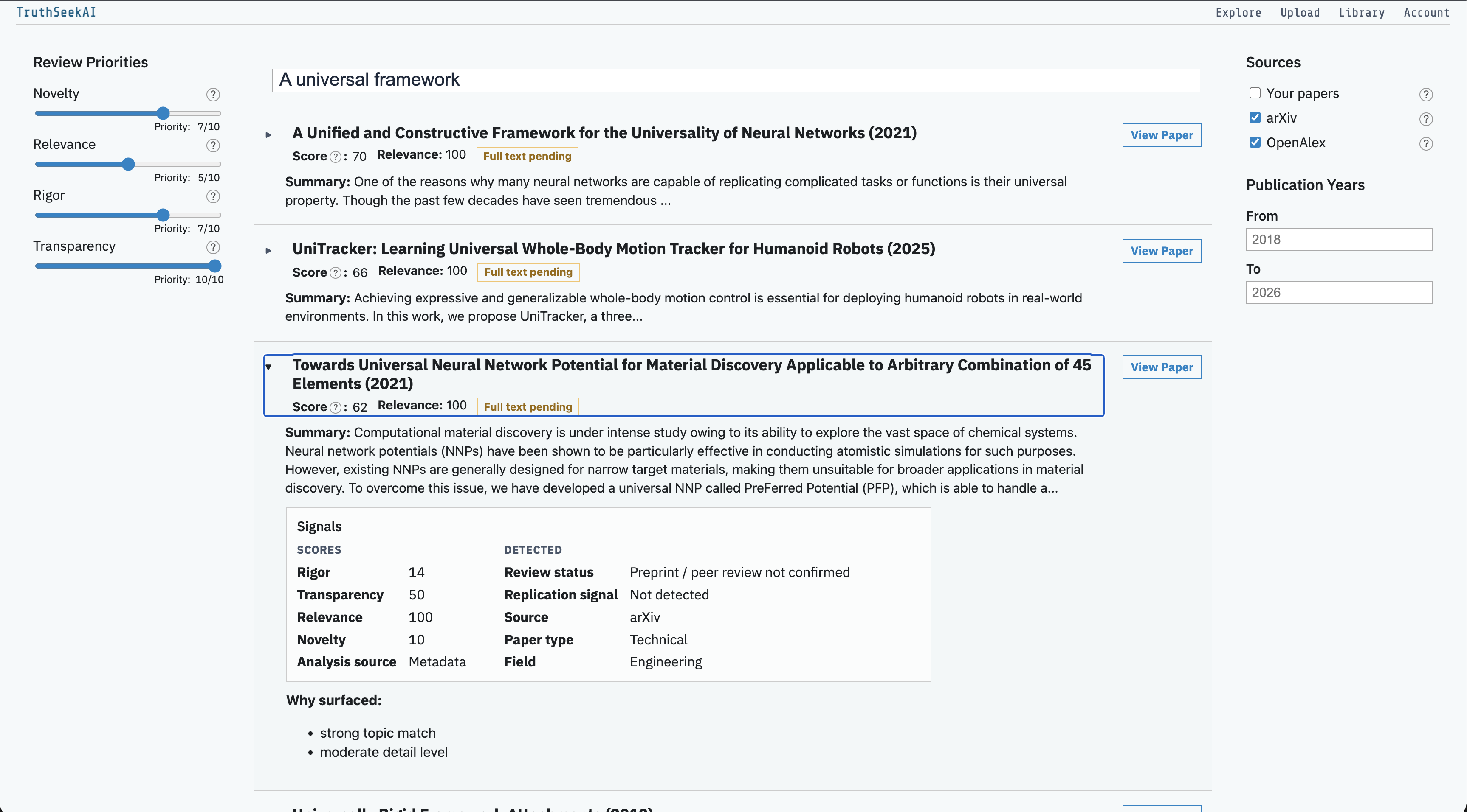 TruthSeek research library showing ranked paper results, review priorities, sources, and publication-year filters